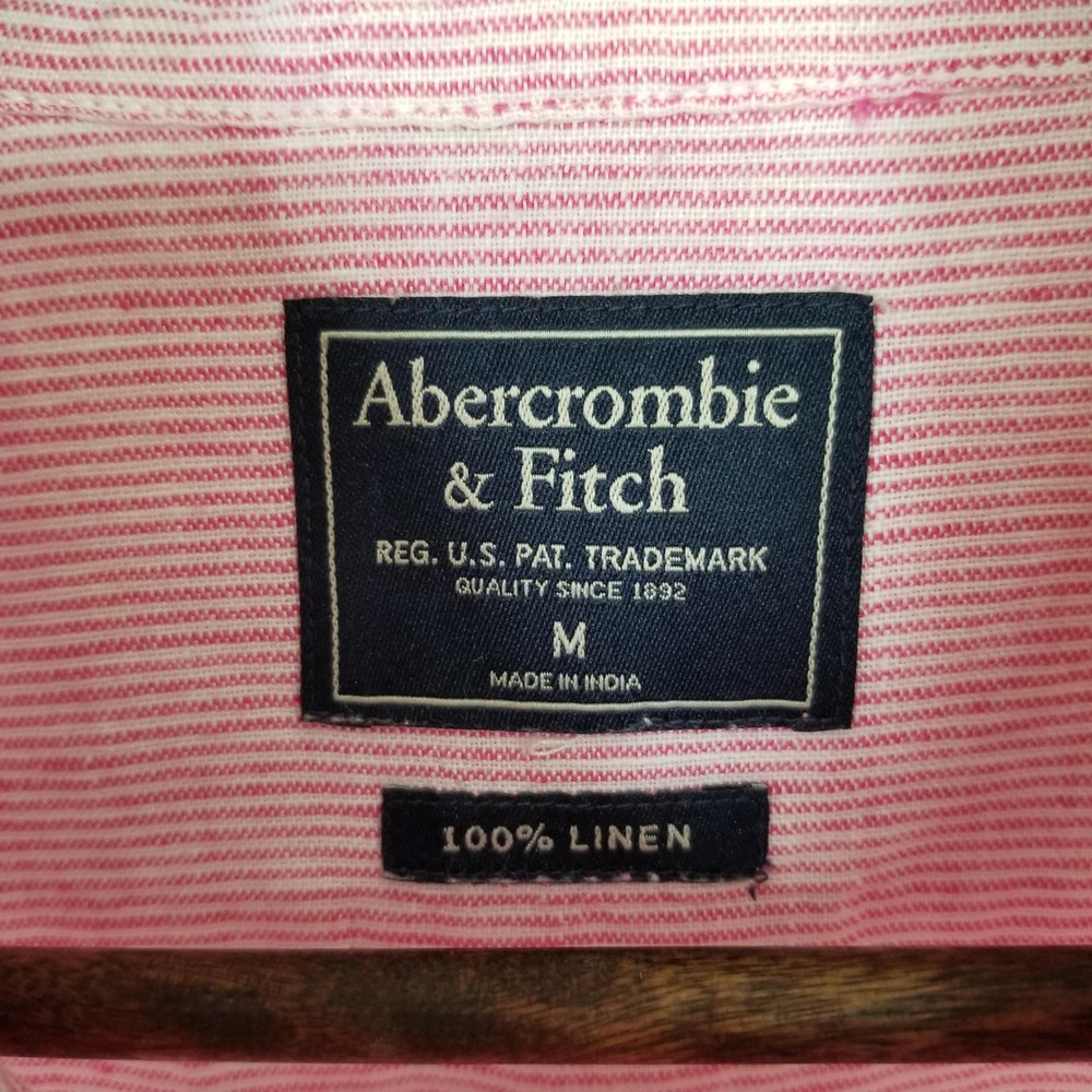 Abercrombie & Fitch Mens 100% Linen Long Sleeve Shirt Pink Stripe M Button Down - Picture 4 of 13